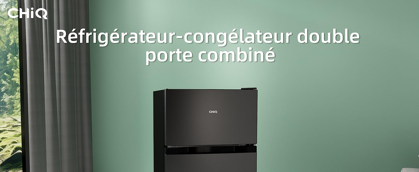 Unité combinée réfrigérateur-congélateur à double porte noire affichée contre un mur végétal. Le texte indique qu'il s'agit d'un « réfrigérateur-congélateur