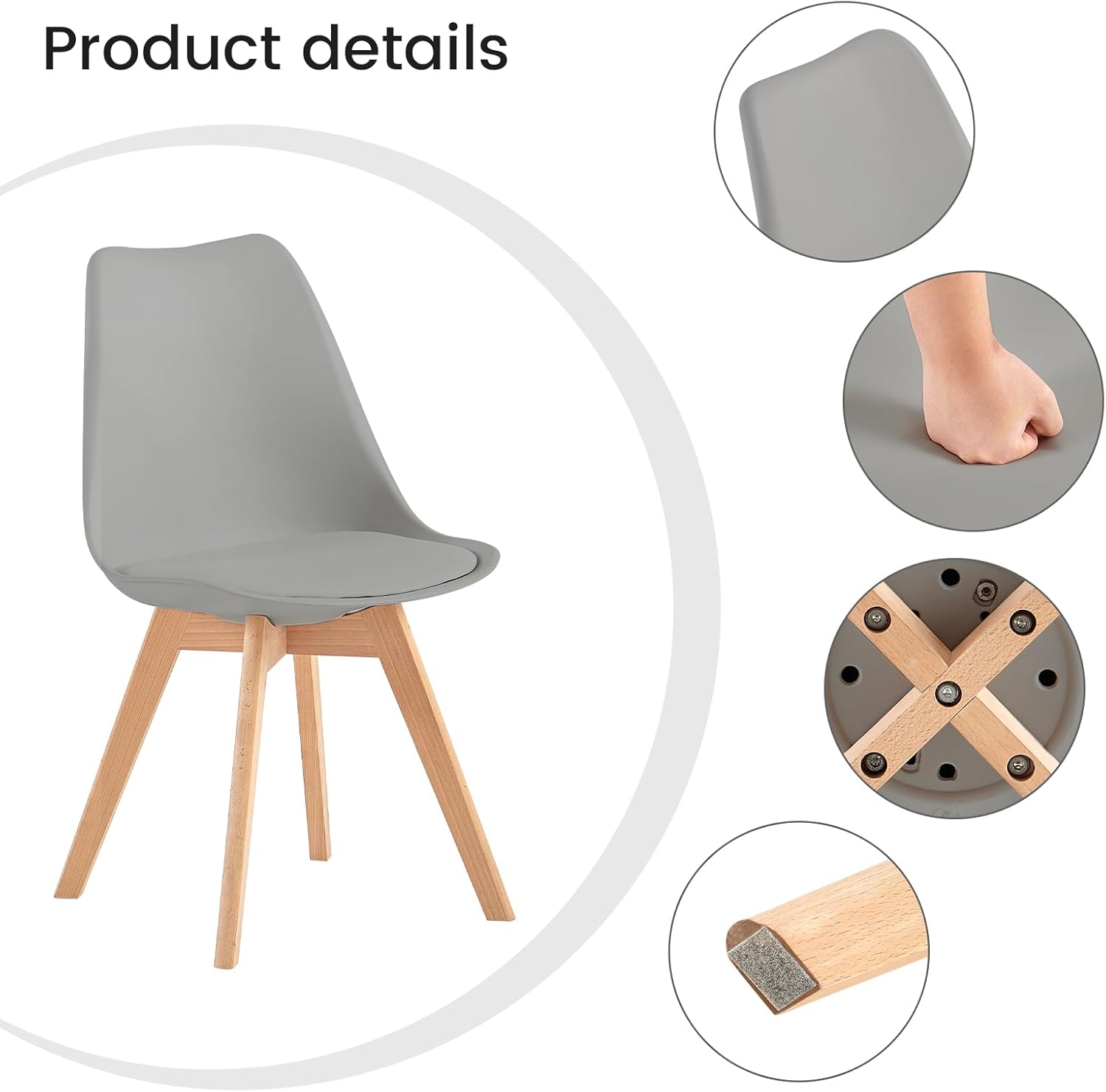 EGGREE - Chaises Scandinaves Lot de 6 - design moderne, bois hêtre, rembourrées, gris, parfait salle à manger