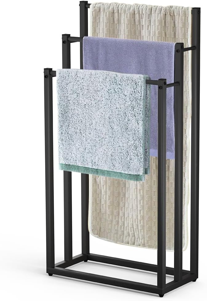 VOUNOT - porte-serviettes 3 niveaux métal, noir, stable et compact