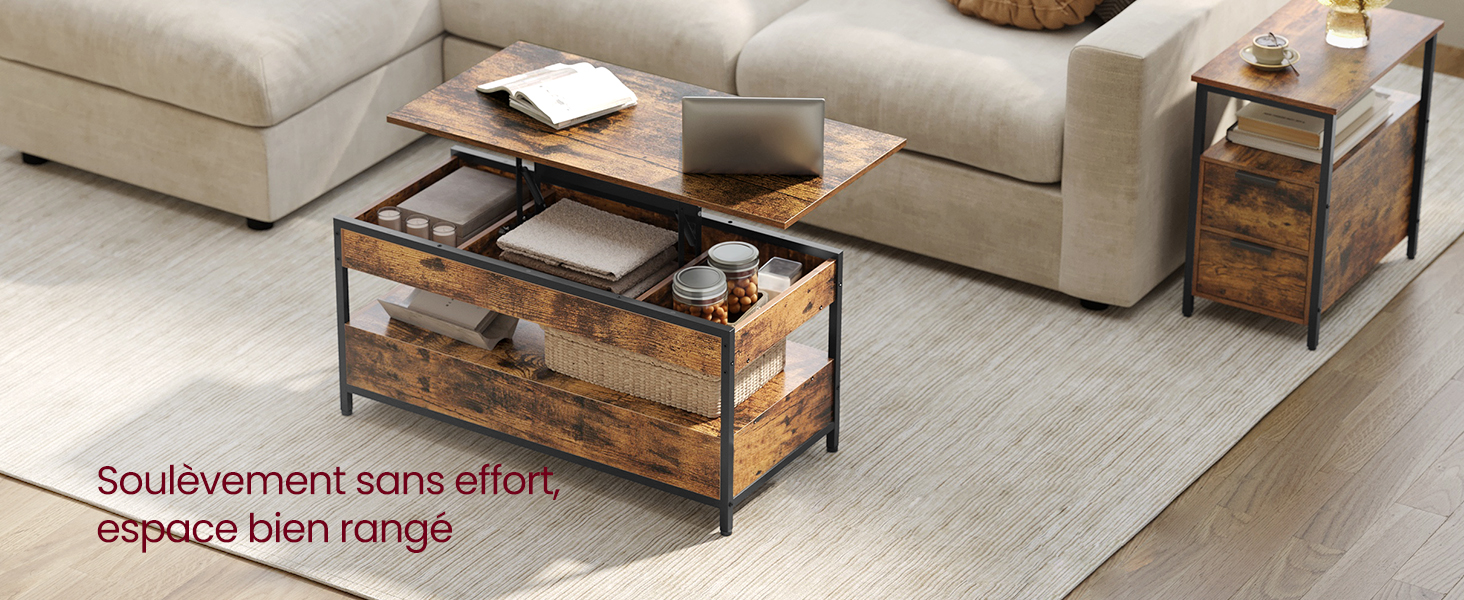 avec compartiments de rangement. Construction en bois et en métal. Surface de la table surélevée pour révéler l'organisation intérieure. Table d'appoint assortie visible.