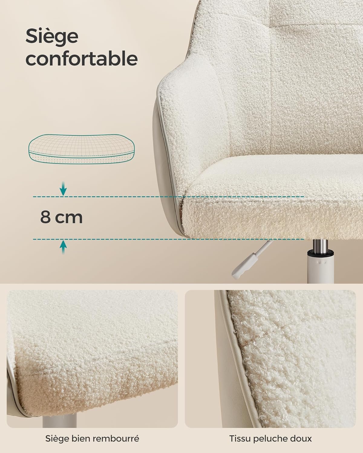 SONGMICS - chaise de bureau ergonomique, hauteur réglable, tissu respirant, acier, beige cappuccino, 110kg - OBG019W01