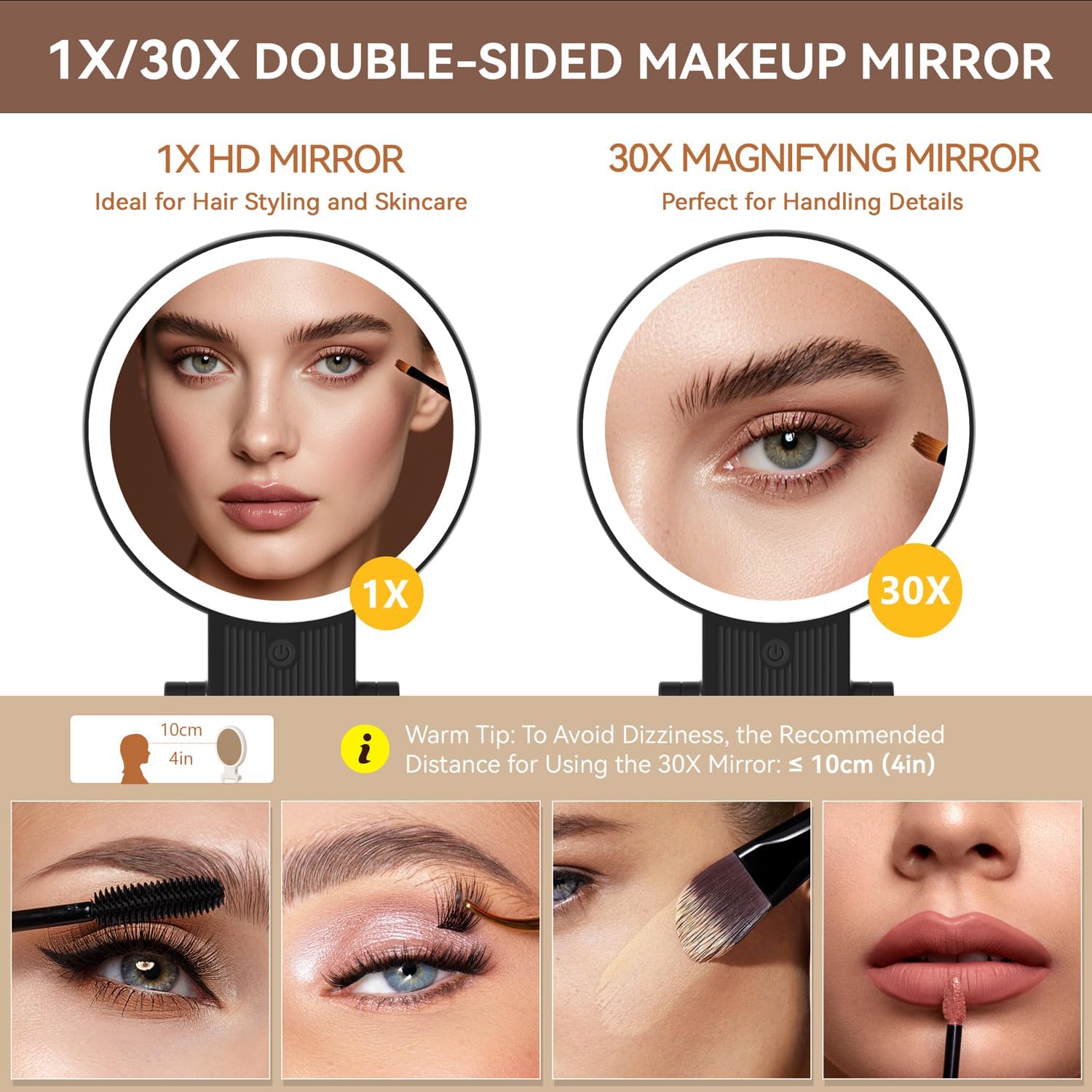 Auxmir - miroir maquillage double face, LED, 30X/1X, 2000mAh, pliable