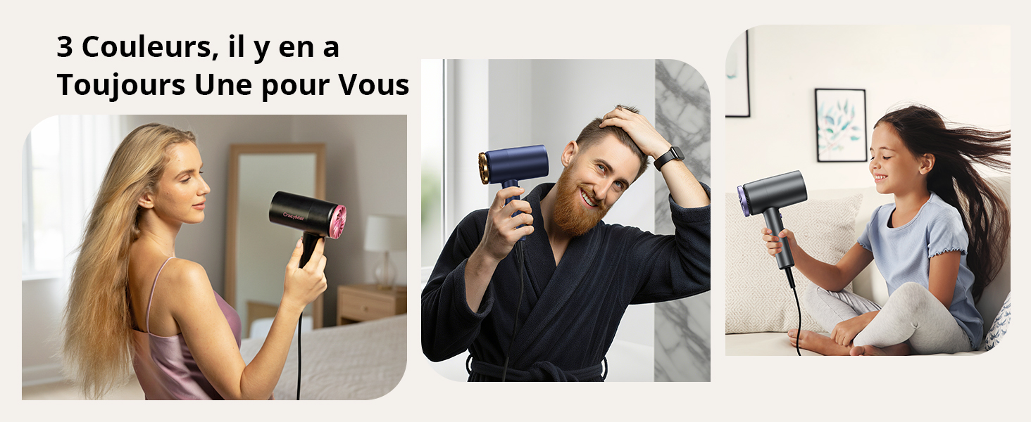 Le texte se lit comme suit : « 3 Coifeurs, Il y en a Toujours Une pour Vous ». Collage montrant trois sèche-cheveux professionnels en cours d'utilisation, illustrant différents scénarios de coiffage.
