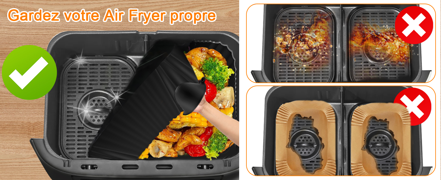 Le texte indique « Impossible d'arroser les pièces de la friteuse à air ». Image de comparaison montrant les méthodes correctes (coche verte) et incorrectes (X rouge) pour nettoyer les pièces de la friteuse à air, l'eau étant interdite pour certains composants.