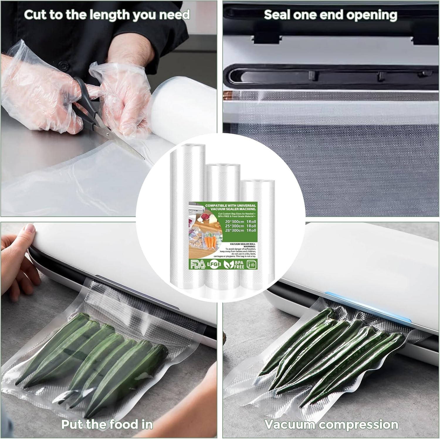 Rouleau sous vide alimentaire - 3 tailles 28/25/20x300cm - sans BPA