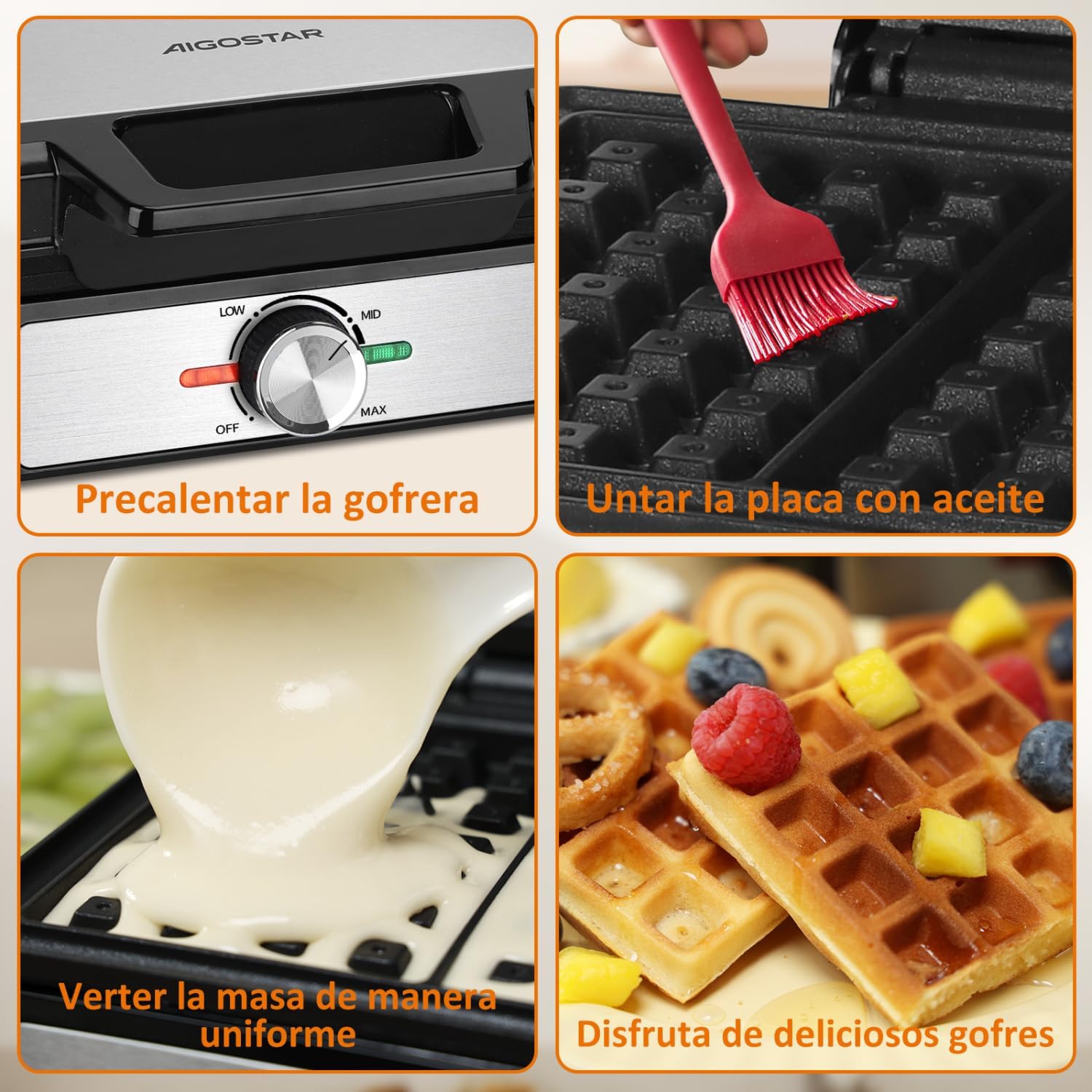 Aigostar - Gaufrier inox 1600W, 20,2x17,2x2 cm, plaques antiadhésives, température réglable