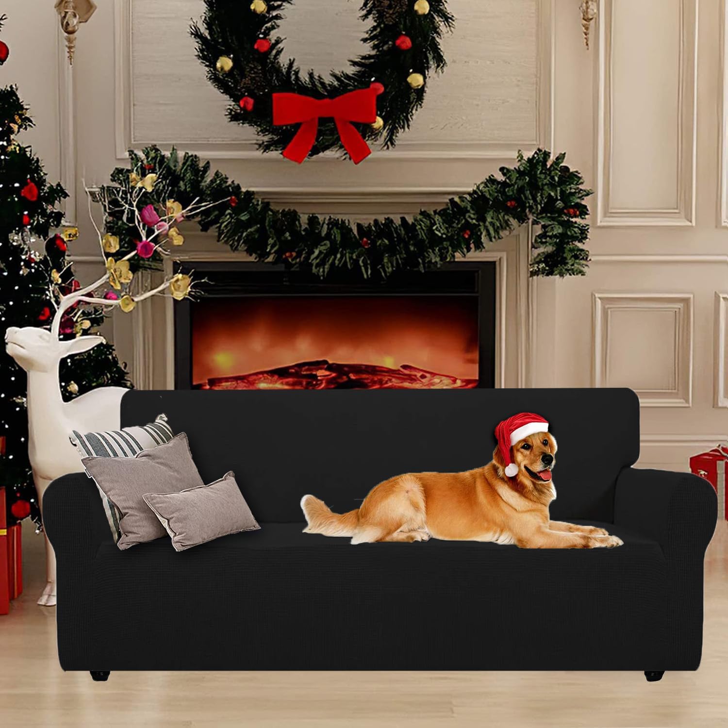 Housse canapé 2 places extensible, lavable, antidérapante, noire