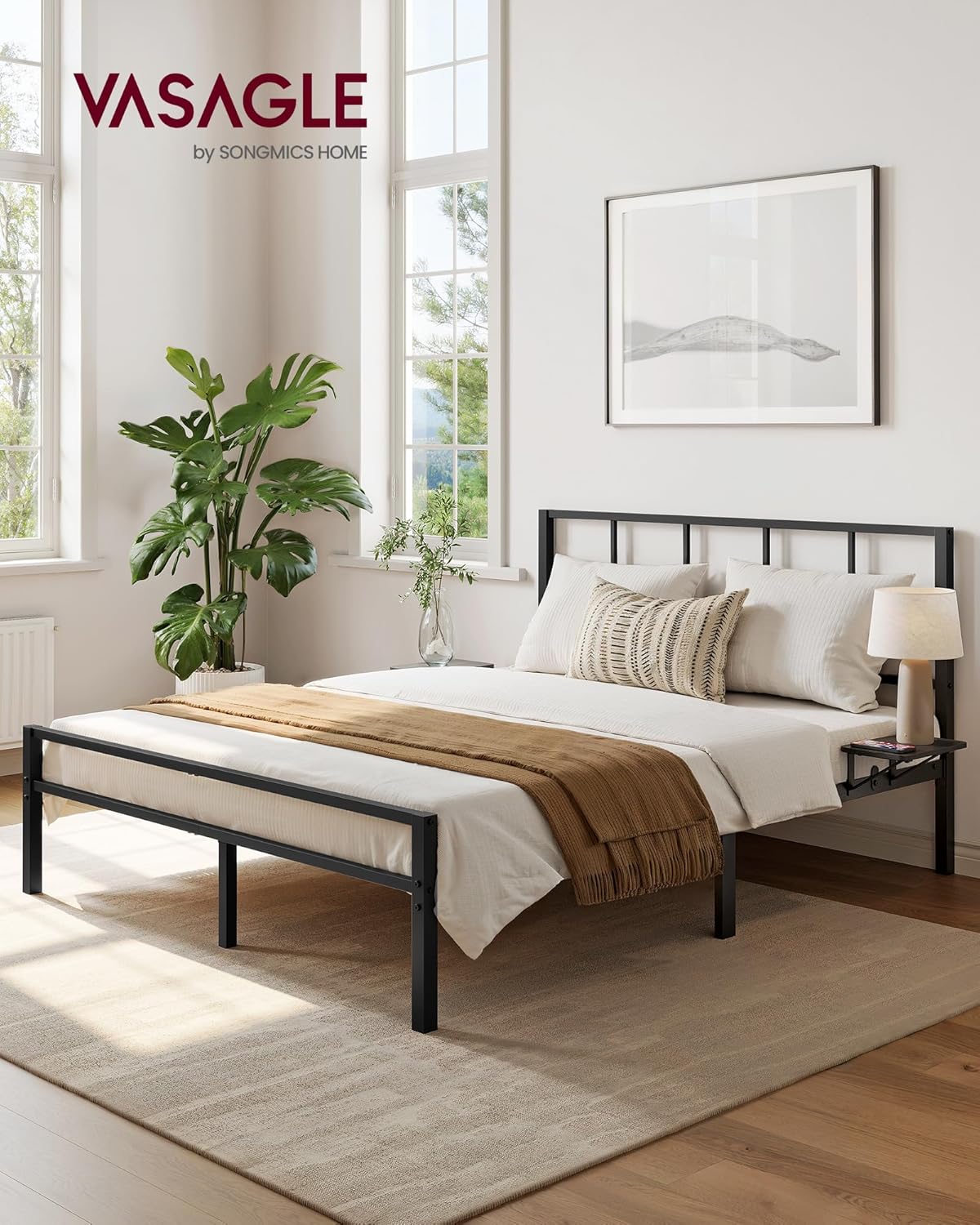 VASAGLE - RMB193BD01 - 140x190 cm - lit métal et étagères, tête de lit