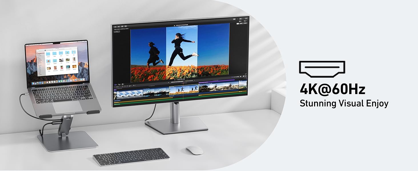 avec un grand écran 4K affichant un logiciel de retouche photo, connecté à un ordinateur portable sur un support surélevé. Clavier et souris sans fil visibles. Le texte indique « 4K @60Hz Stunning Visual Enjoy