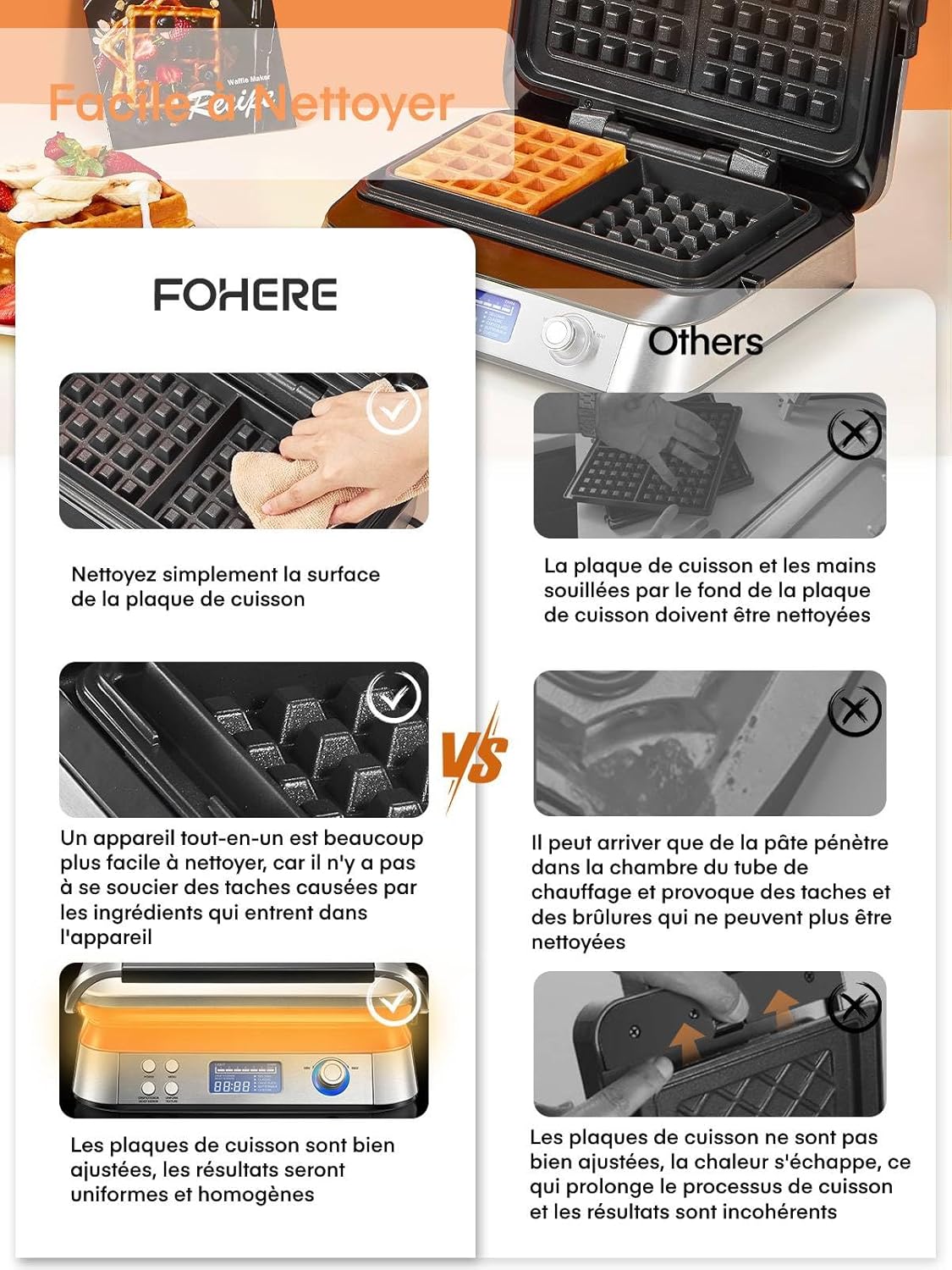 Gaufrier belge - double, inox, 2 tranches, LED, 5 programmes, 7 niveaux