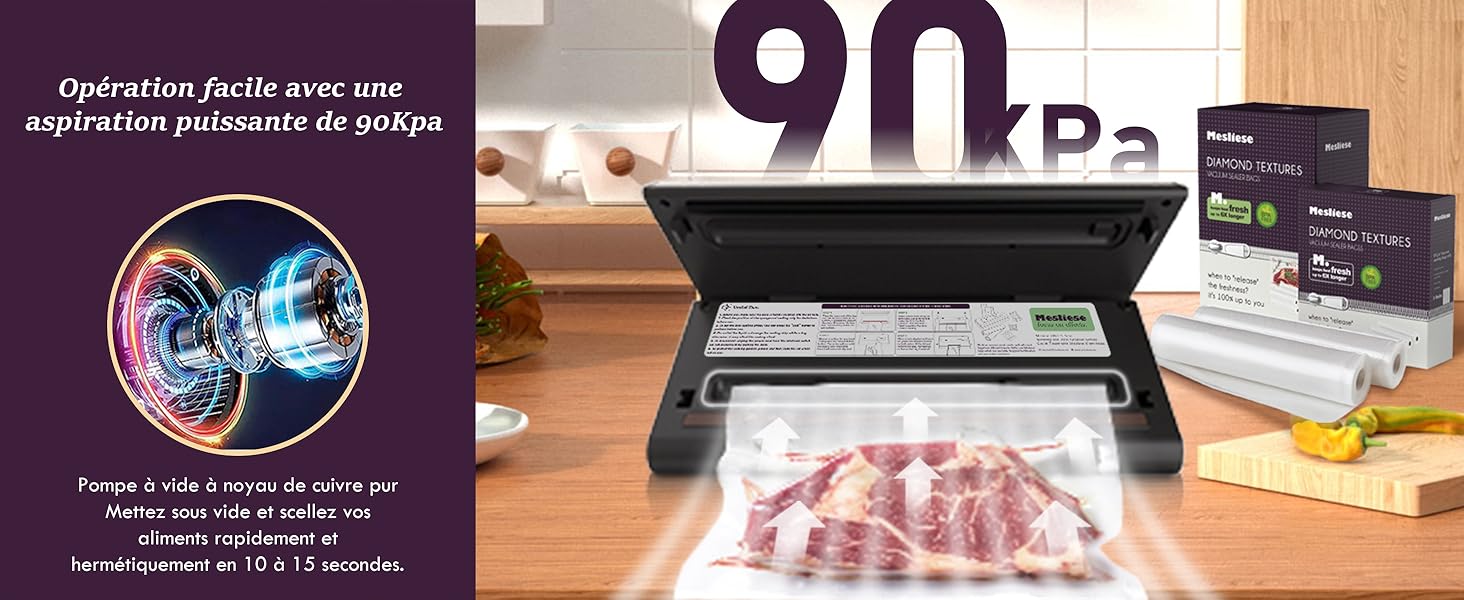 sur une surface en bois avec des emballages alimentaires scellés et des boîtes d'accessoires. Le texte indique une puissance d'aspiration de 90 kPa