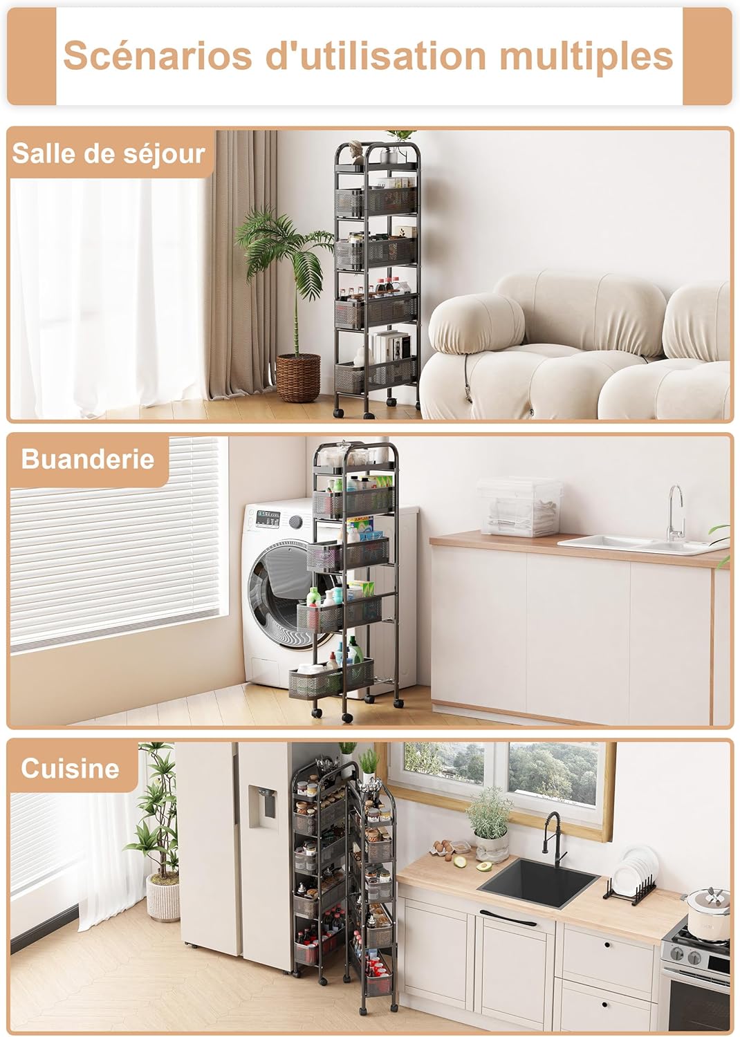 UMDONX - chariot cuisine 5 niveaux métal, étroit, tiroirs, noir UMDONX