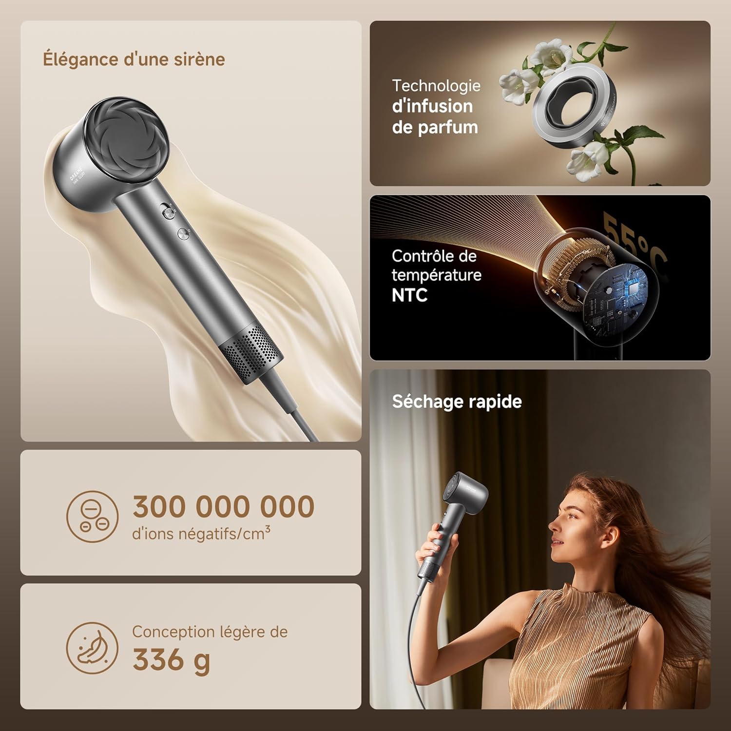 Dreame - Hair Glory Mix - 336g - 110 000tr/min, 3 embouts, ions, NTC