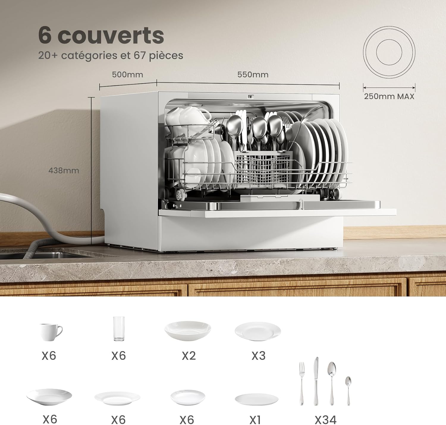 COMFEE' - lave-vaisselle compact, écran LED, 6,5L, 47 dB - TD602E-W