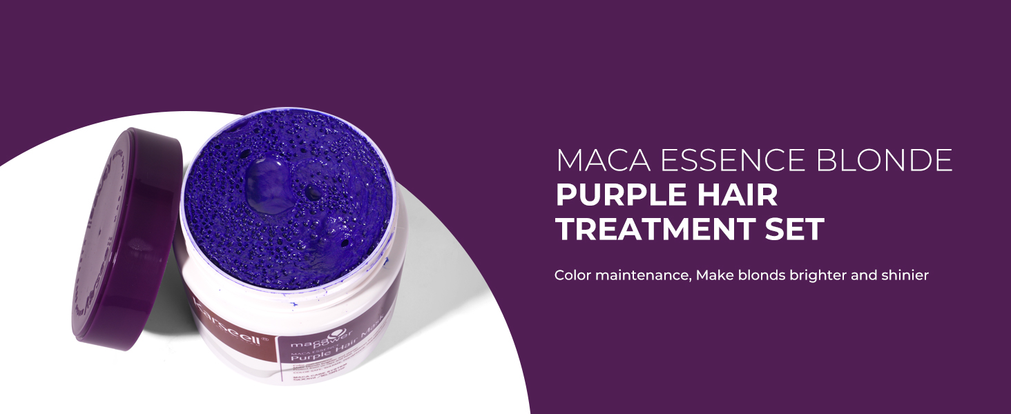 Produit de traitement capillaire violet dans un pot rond avec couvercle bleu brillant. Le texte indique que c'est pour le maintien de la couleur et pour rendre les cheveux blonds plus brillants et plus brillants