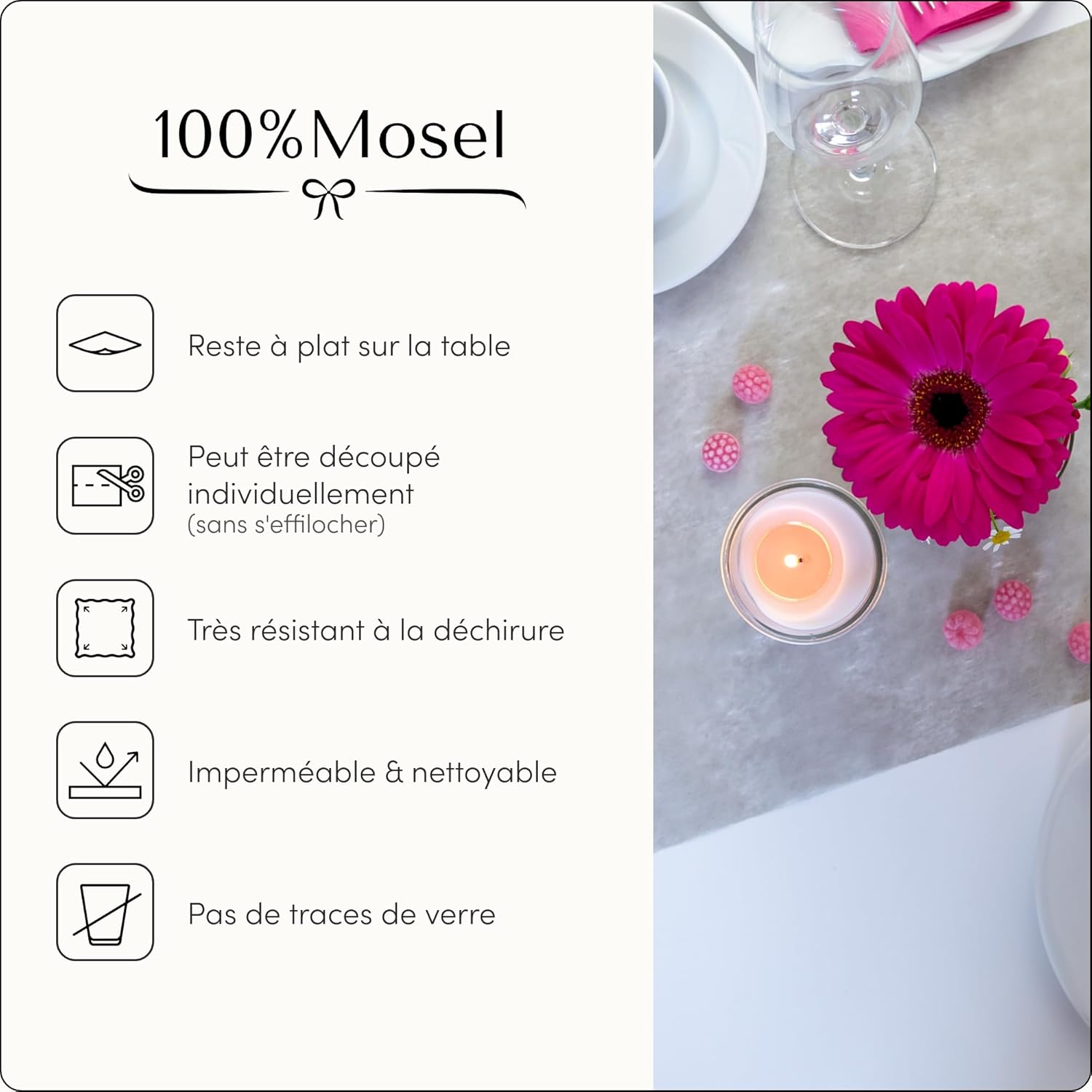 100%Mosel - Chemin de table non-tissé, gris 30x2500cm, décorations occasions