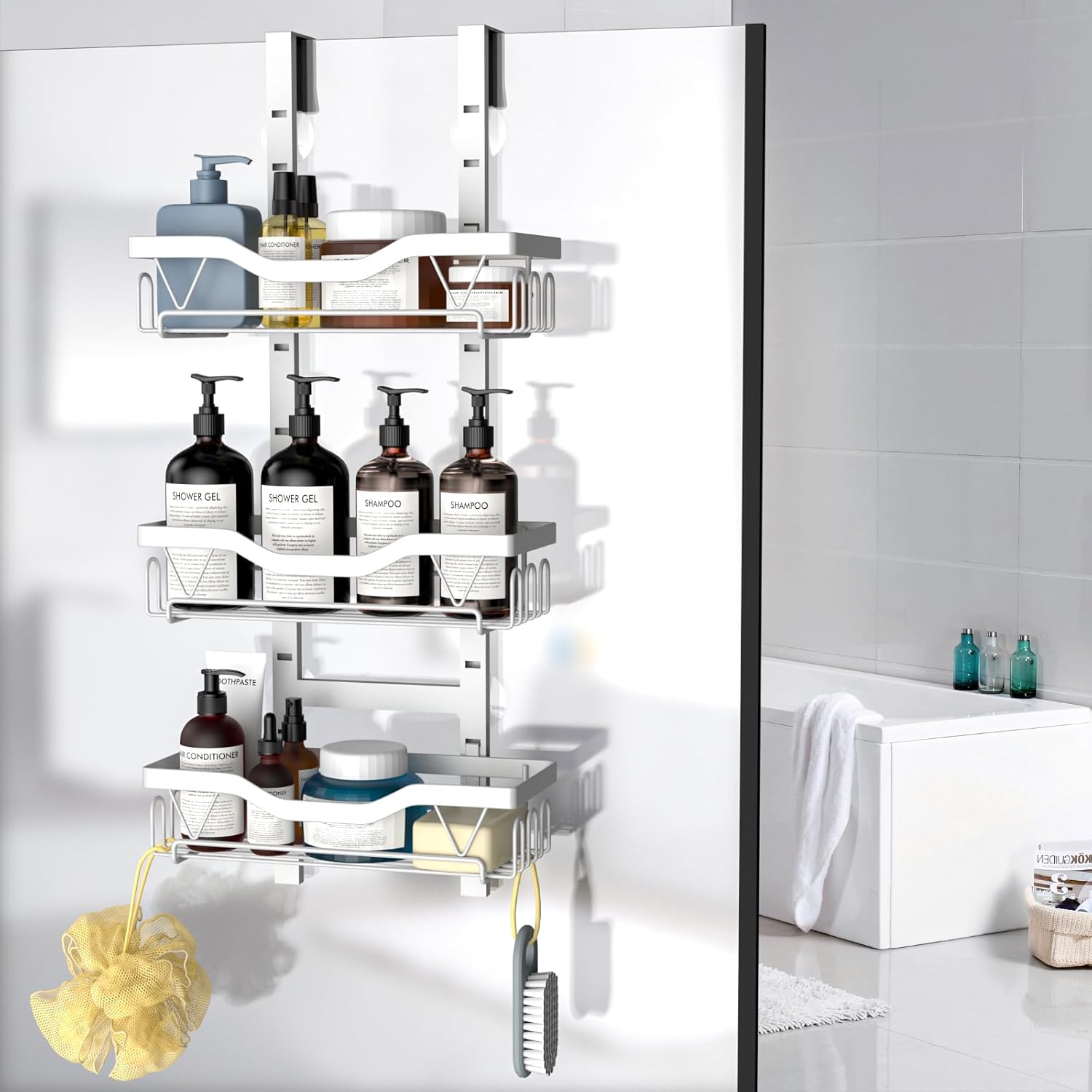 Étagère douche - 3 paniers réglables, sans perçage, blanc, 3 couches