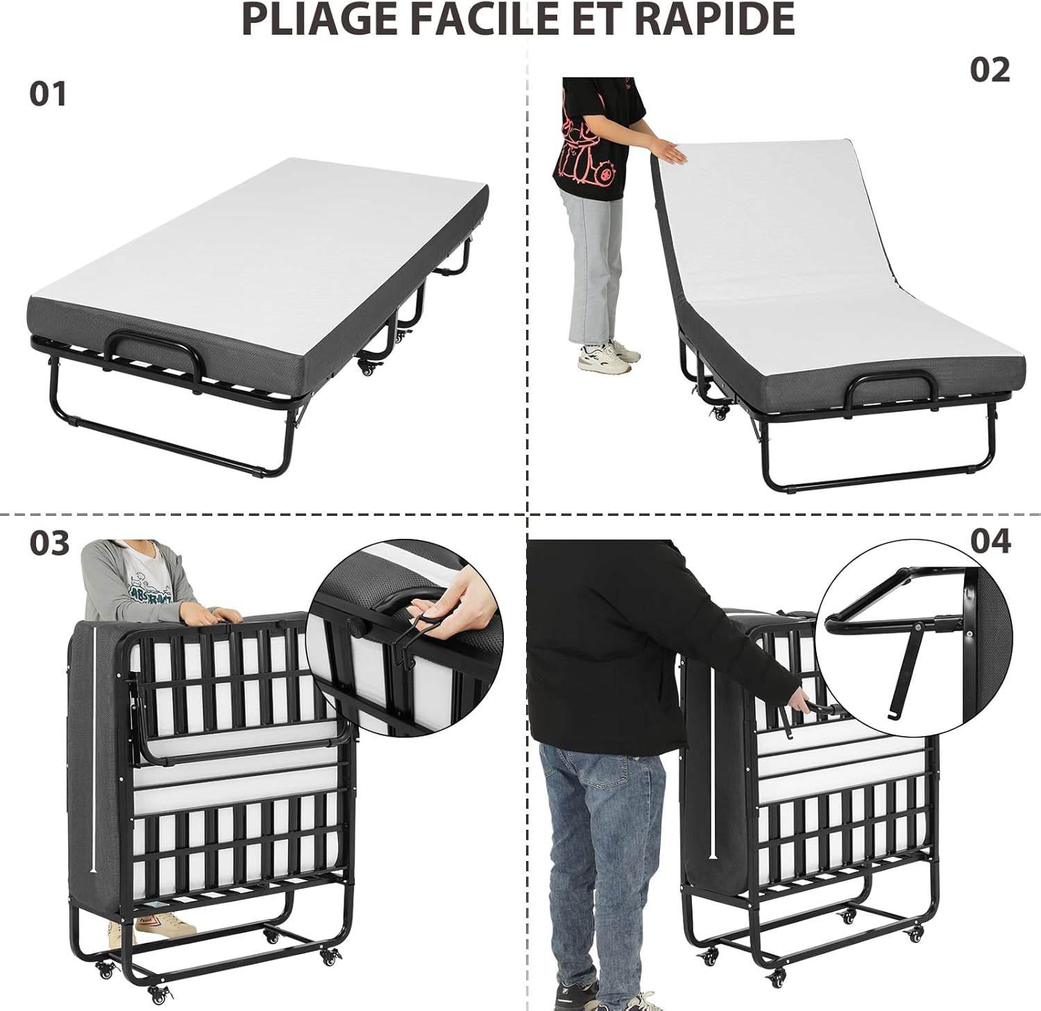 DICTAC - lit pliant adulte 90x200 cm, mousse mémoire, facile à assembler