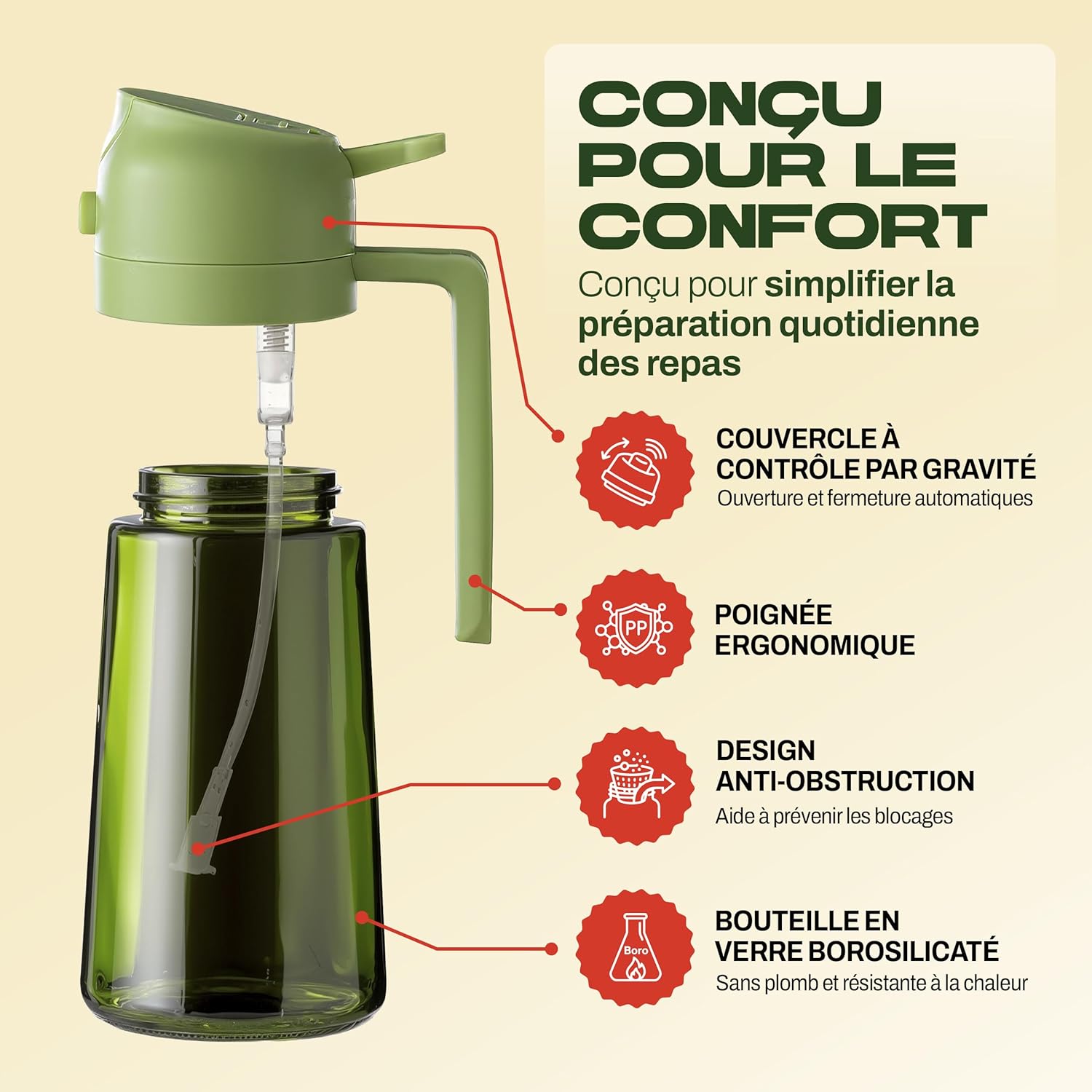 PORTENTUM - Spray huile cuisine 2en1, 470ml, verre vert, étiquettes multilingues