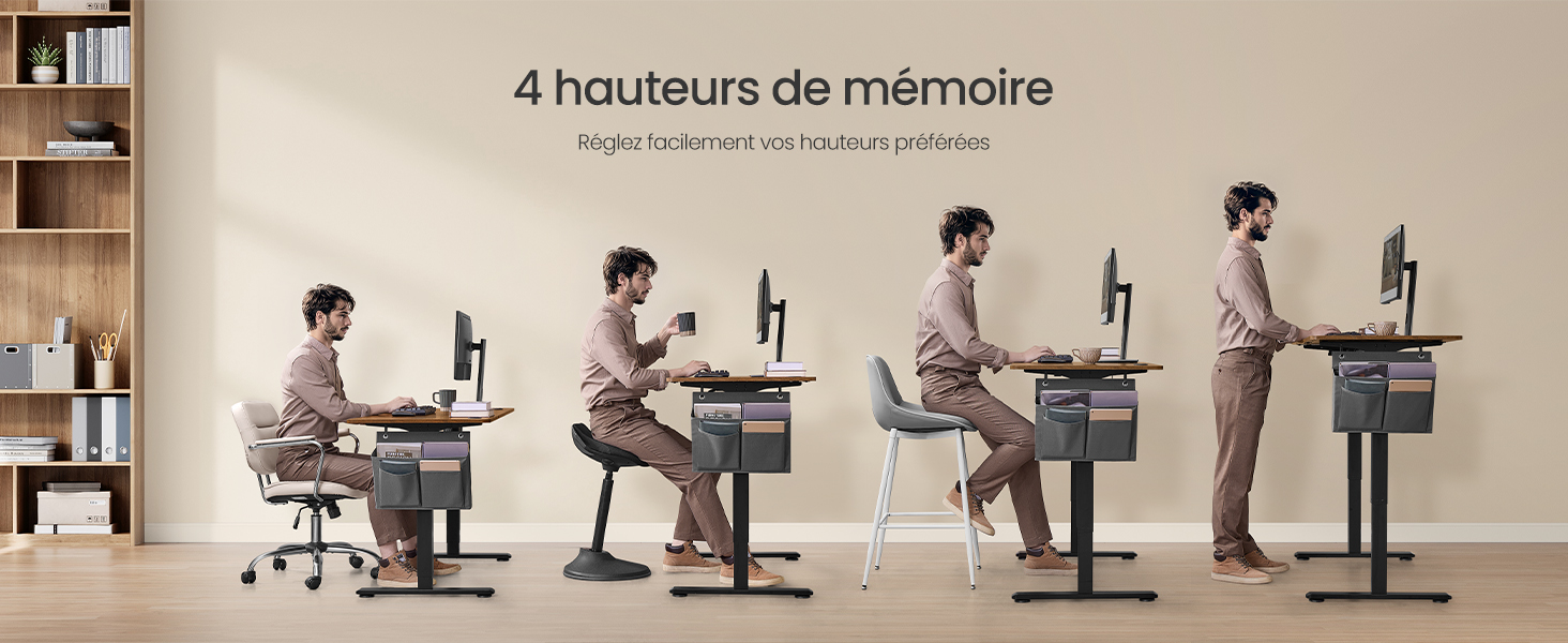 Quatre positions progressives illustrant les réglages en hauteur d'un bureau ergonomique, montrant les configurations debout et assise.