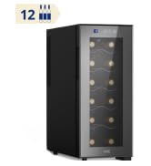 Refroidisseur à vin vertical ou réfrigérateur noir avec porte vitrée, avec plusieurs étagères pour le rangement des bouteilles. Affichage numérique visible sur le dessus.