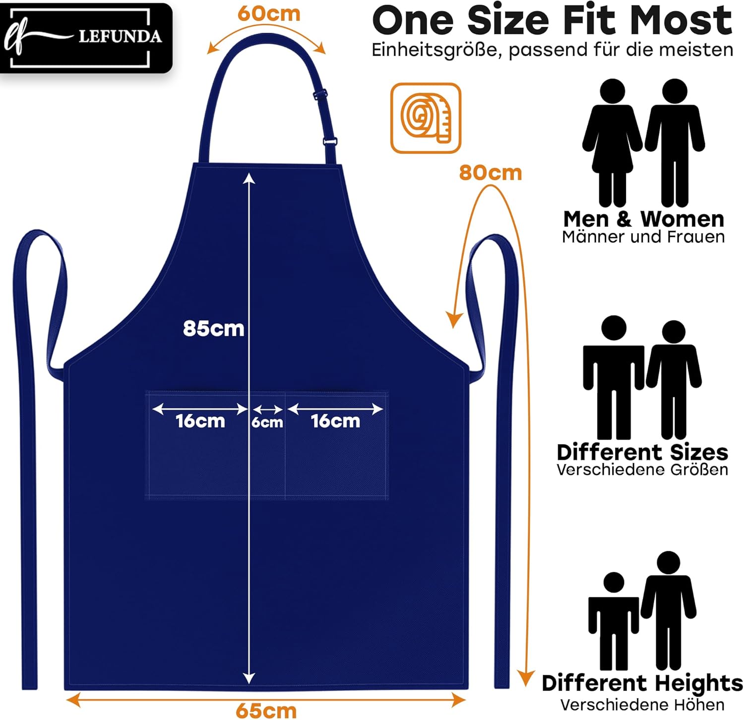 LEFUNDA - tablier cuisine 3 poches, étanche, réglable, longues lanières