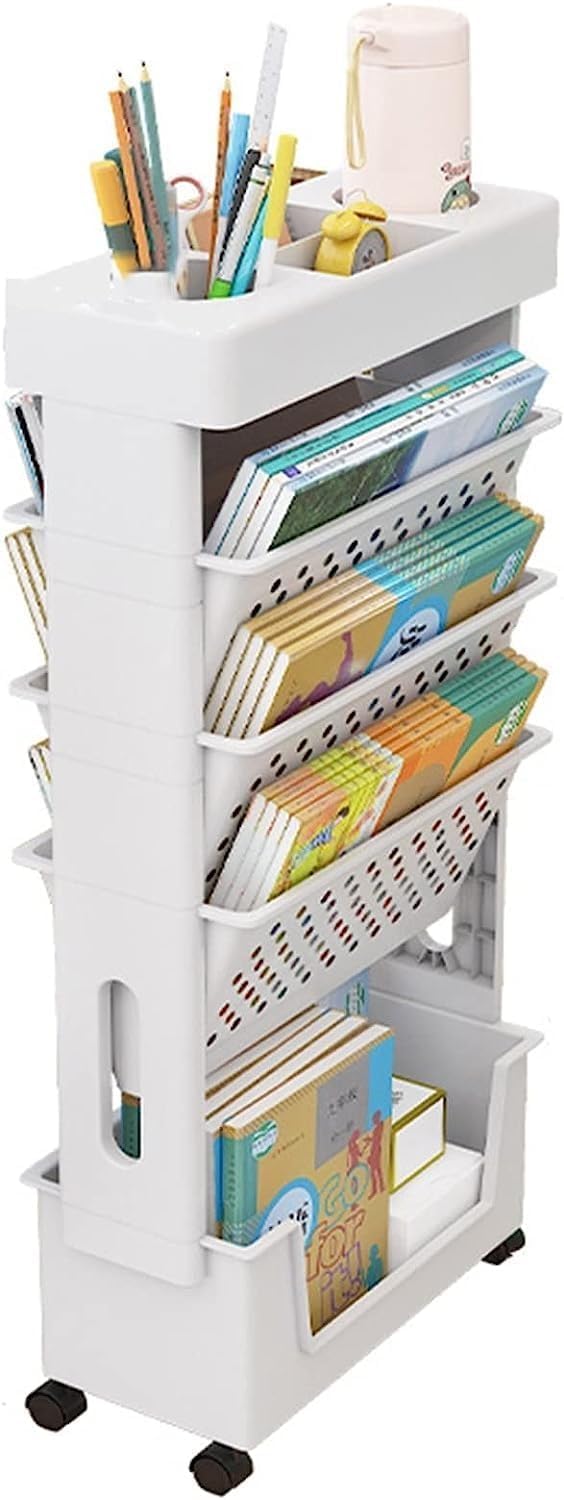 Étagère de bureau mobile - 5 niveaux - roulettes - rangement fin, organisateur porte-revues - pour classe, maison, cuisi