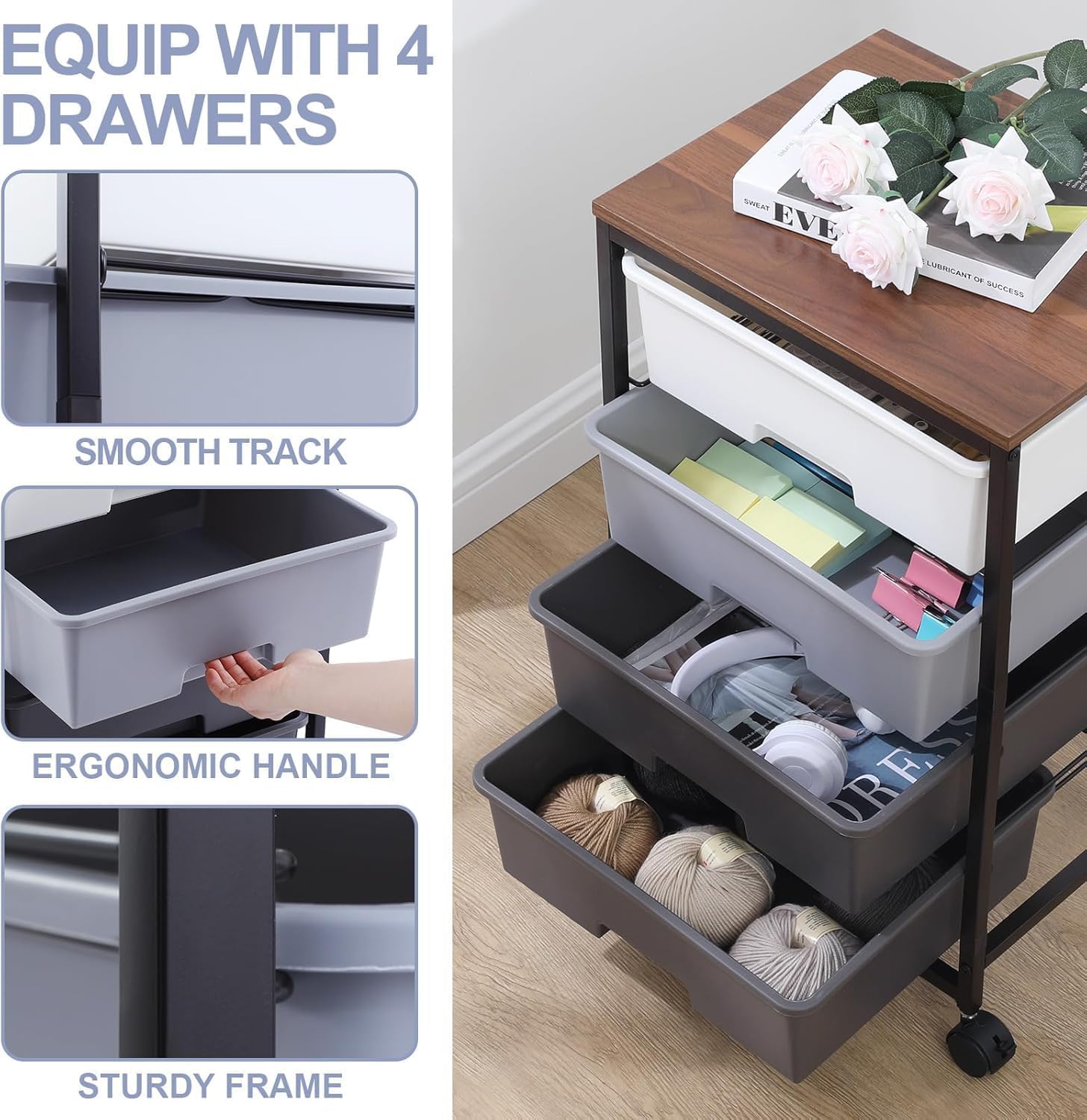 Chariot de rangement - 4 tiroirs, roulettes, plateau bois, gris, grande capacité