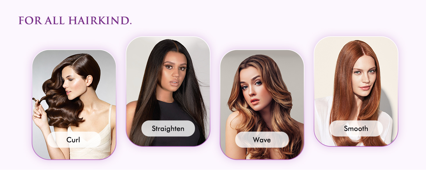 Quatre images présentant différentes coiffures : frisée, lissée, ondulée et lisse. Texte « POUR TOUS LES TYPES DE CHEVEUX » au-dessus des images.