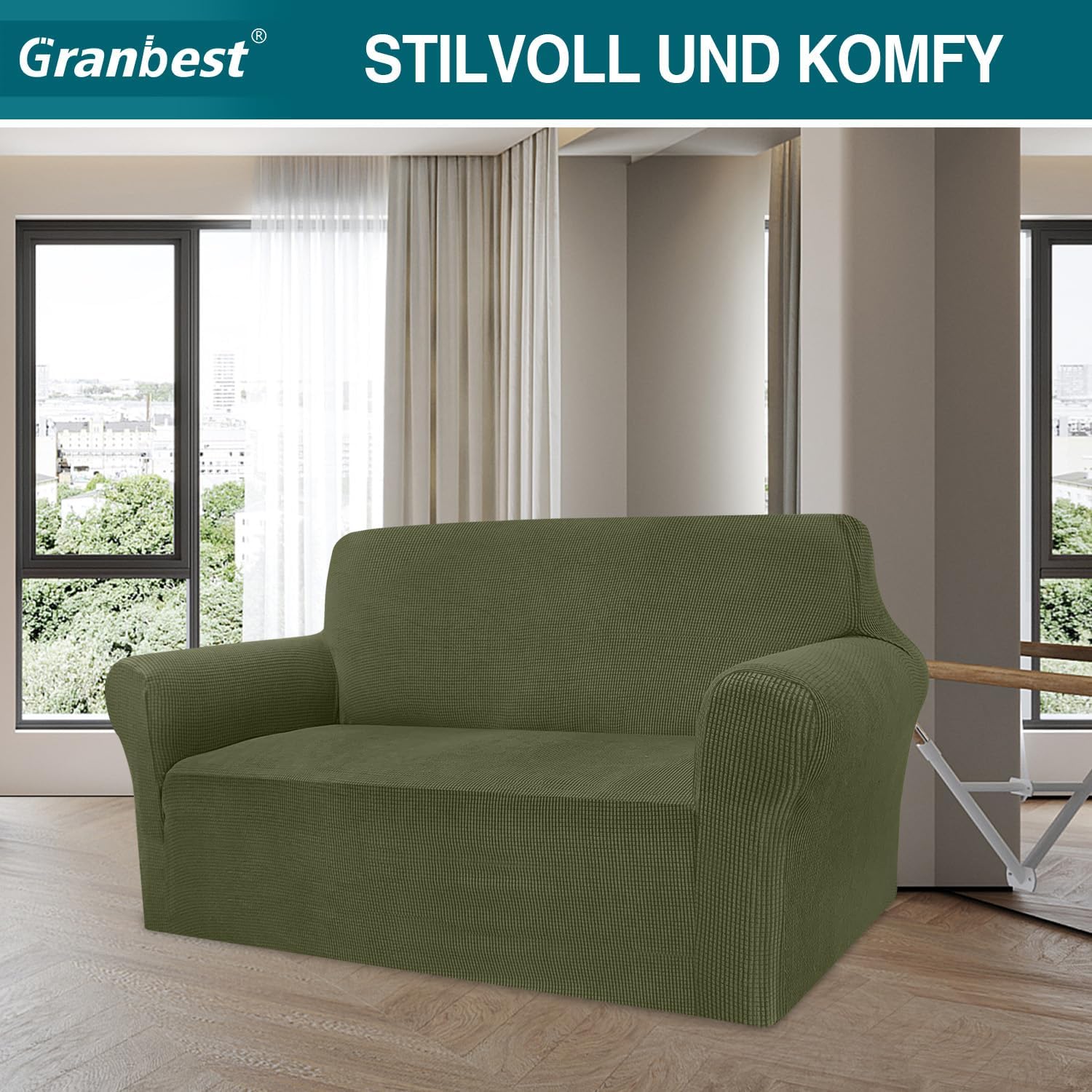 Granbest - housse de canapé jacquard extensible - 2 places - protection animaux, vert militaire