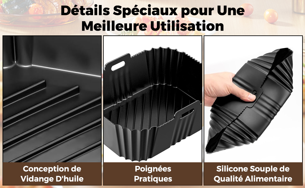 Le texte se lit comme suit : « Détails spéciaux pour une meilleure utilisation ». Plusieurs vues d'un produit de protection noir montrant les détails de conception et les caractéristiques de prise en main.