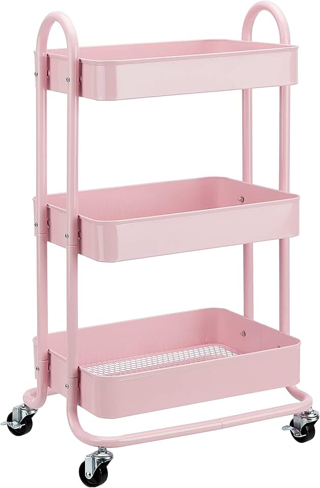 maaxi-dealz Basics - Chariot de rangement 3 niveaux - roulettes - rose - dimensions compactes