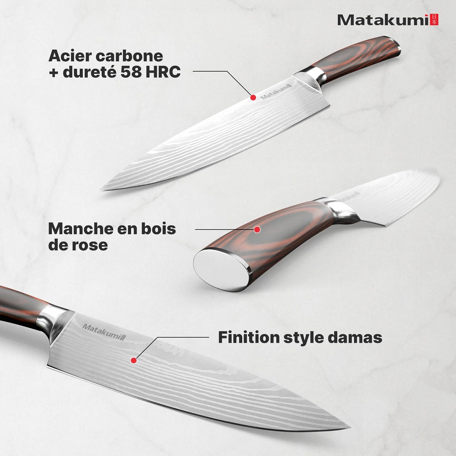 Matakumi - Set couteaux japonais damassé - 5 pièces - acier carbone, manche ergonomique