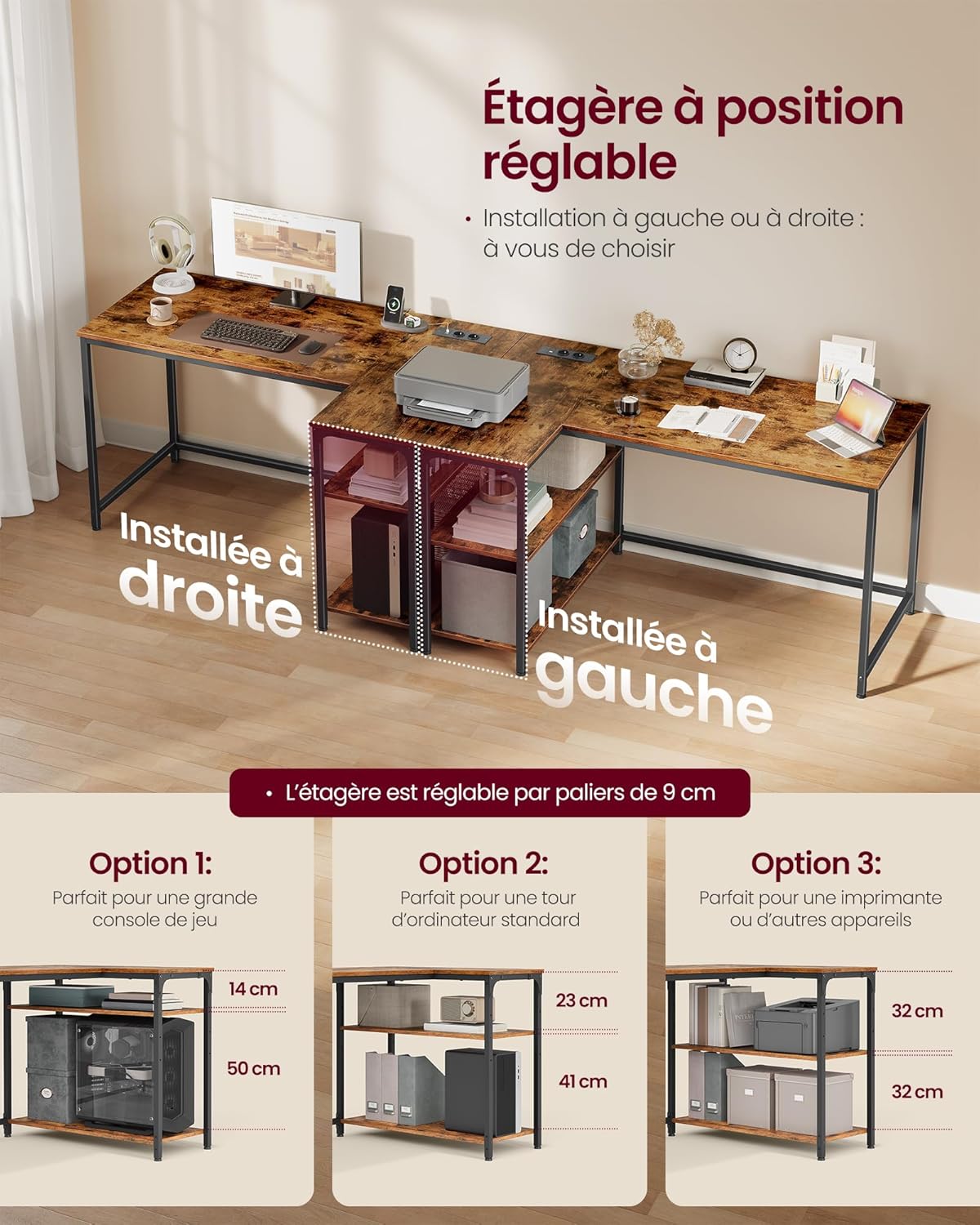 VASAGLE - Bureau Gaming Série L - 120x80cm - étagères réglables, prises USB, LWD132KD01