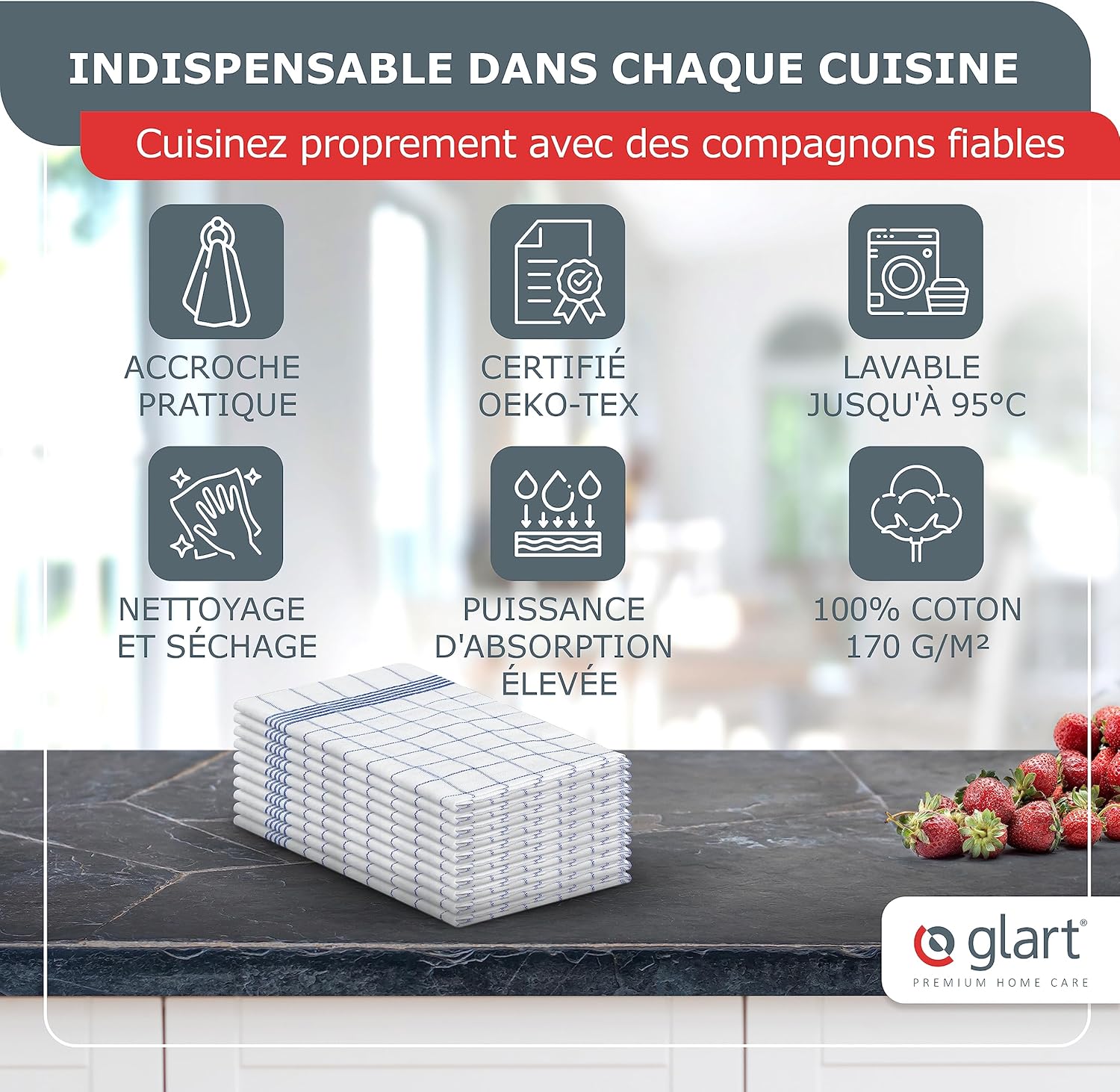 Glart - 48SG - 50x70cm - torchons coton, Oeko-Tex, sans peluche