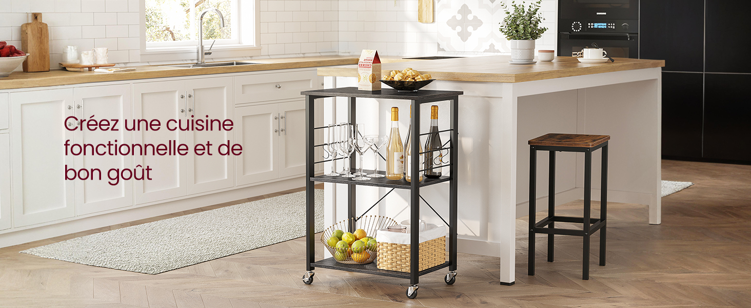 avec vitrine vitrée attachée sur roulettes. Comptoir en bois, cadre noir et étagères en verre. Texte en français visible.