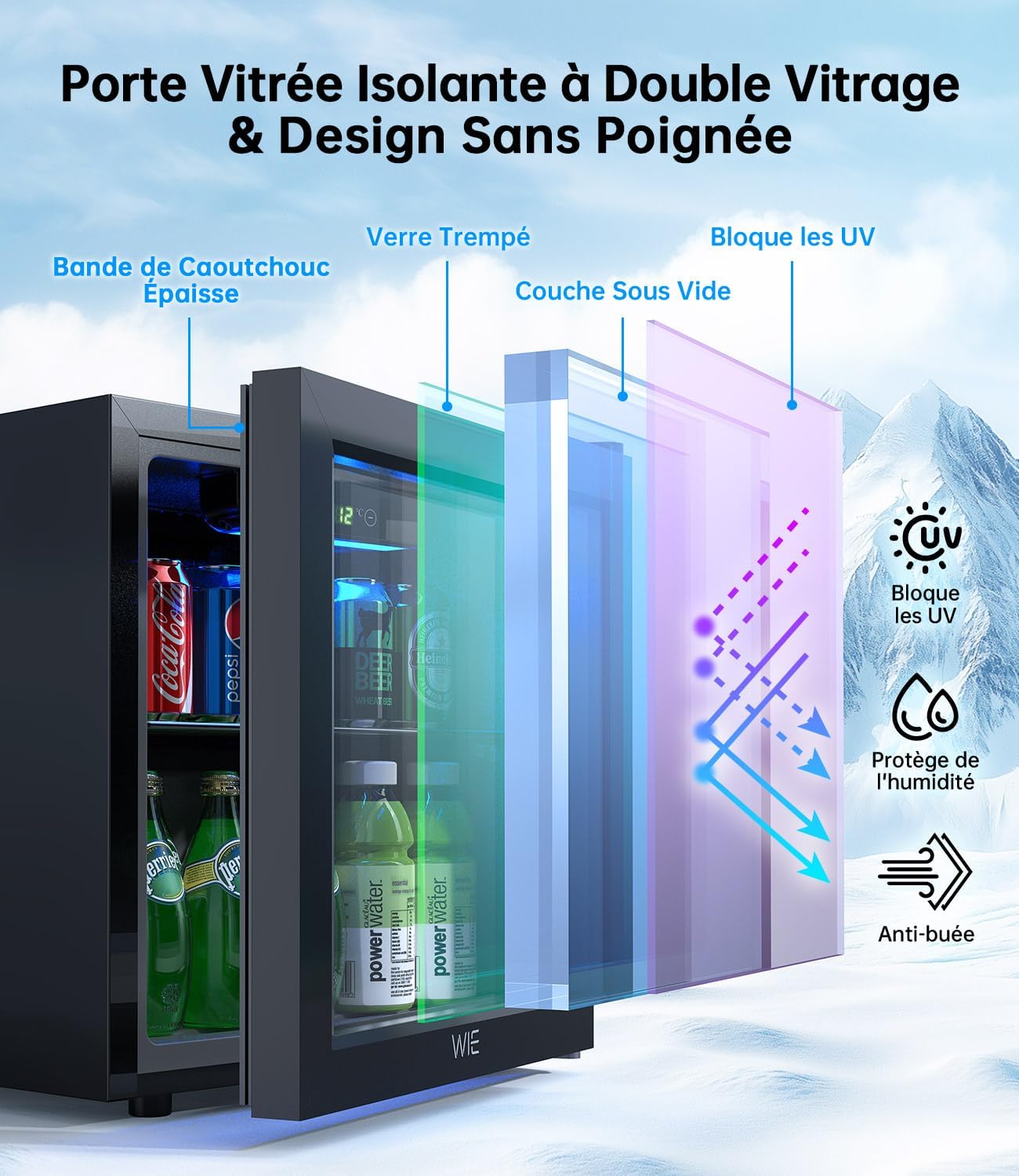 WIE - Mini Réfrigérateur 36L vitré, silencieux, 55 canettes, compact