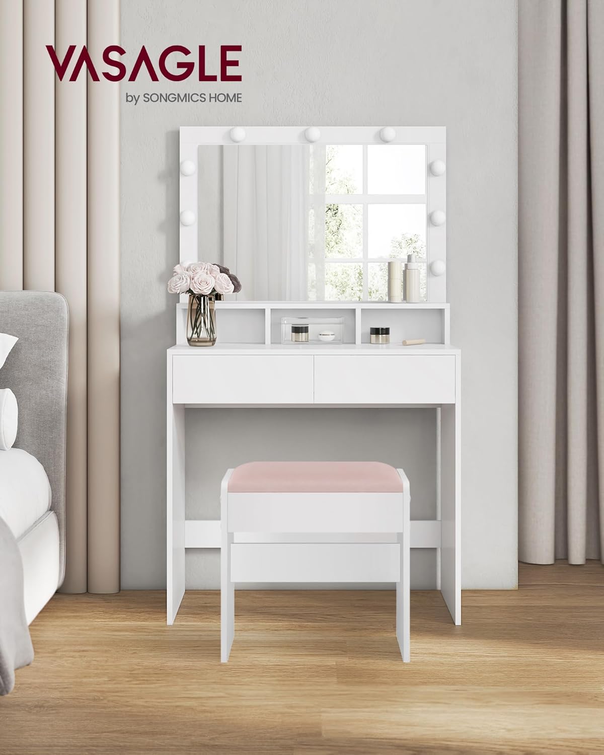 VASAGLE - Kailyn Collection - 80 cm - coiffeuse miroir lumineux, tiroirs, tabouret, RDT720W01