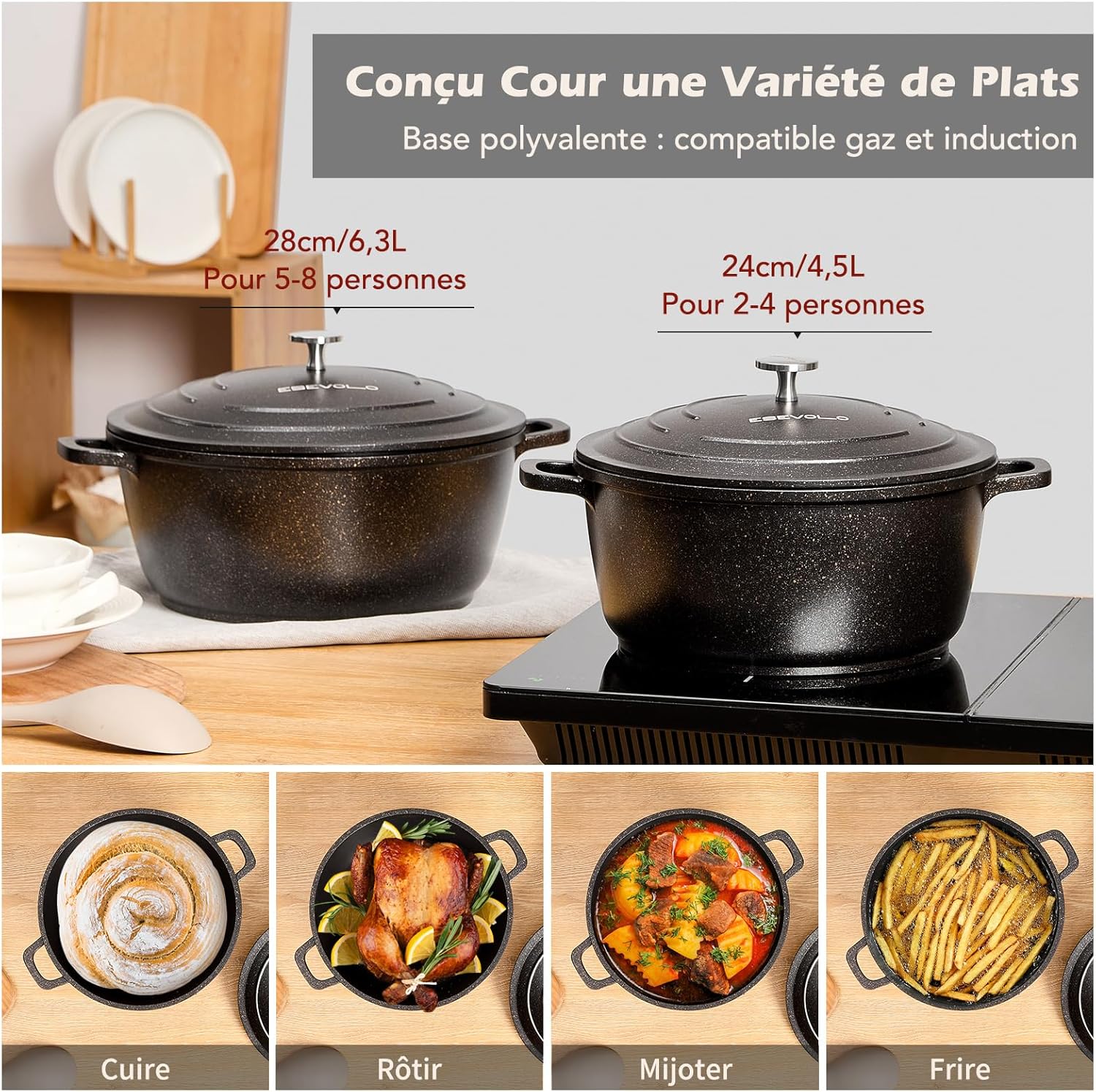 Cocotte en fonte d’aluminium - 28cm - 6,3L, antiadhésif, induction, couvercle