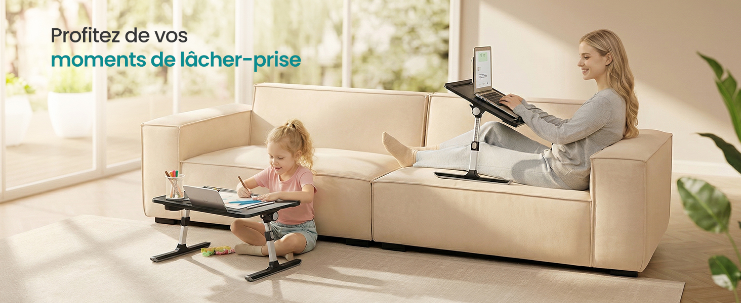 Le texte se lit comme suit : « Profitez de vos moments de lacher-prise ». Série de photos de style de vie montrant une personne en train de se détendre sur un canapé beige avec un appareil monté au-dessus.