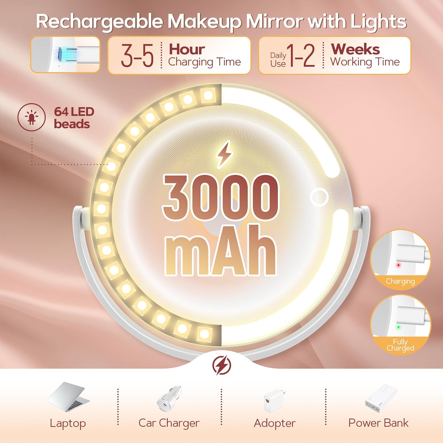 B Beauty Planet - miroir maquillage 2 faces - éclairé LED, 30X, 3 couleurs, hauteur réglable, blanc
