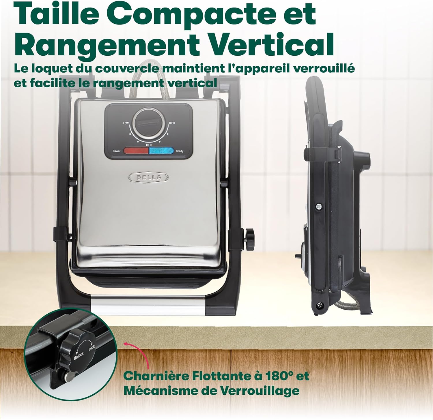 Bella - presse à panini inox 1400W, plaques antiadhésives, couvercle réglable