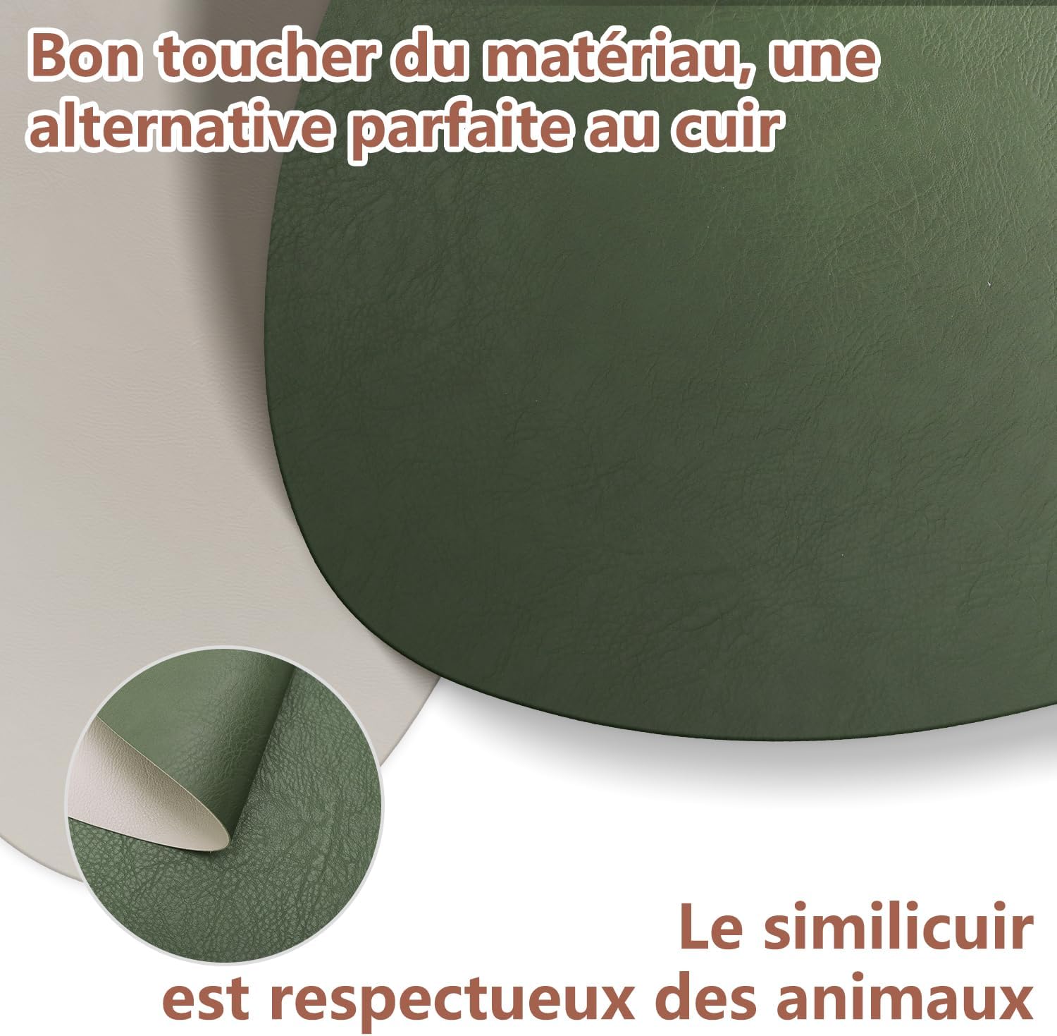 Set de table - lot 6 ovale 41x33cm - lavable, antidérapant, cuir PU, vert/gris