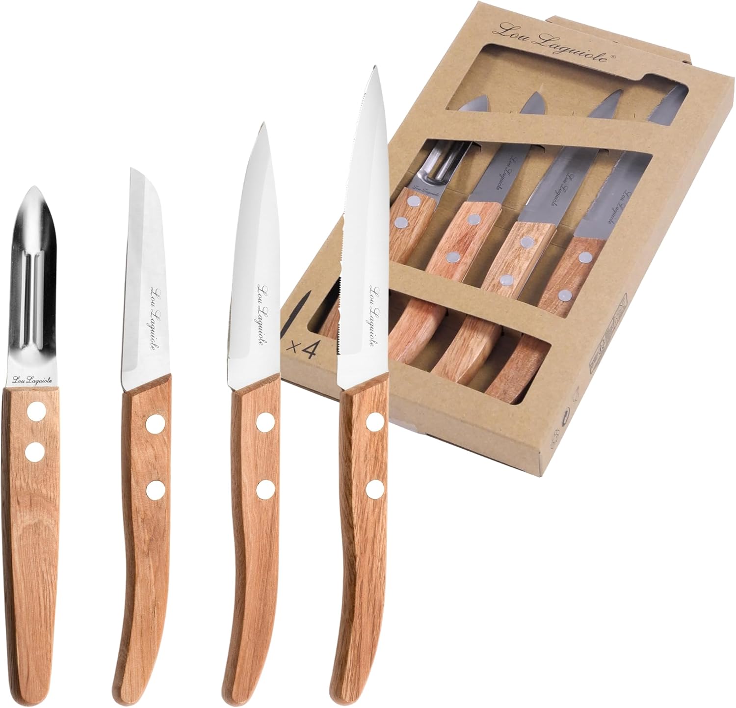 Lou Laguiole - set 4 couteaux petite coutellerie - inox satiné bois clair