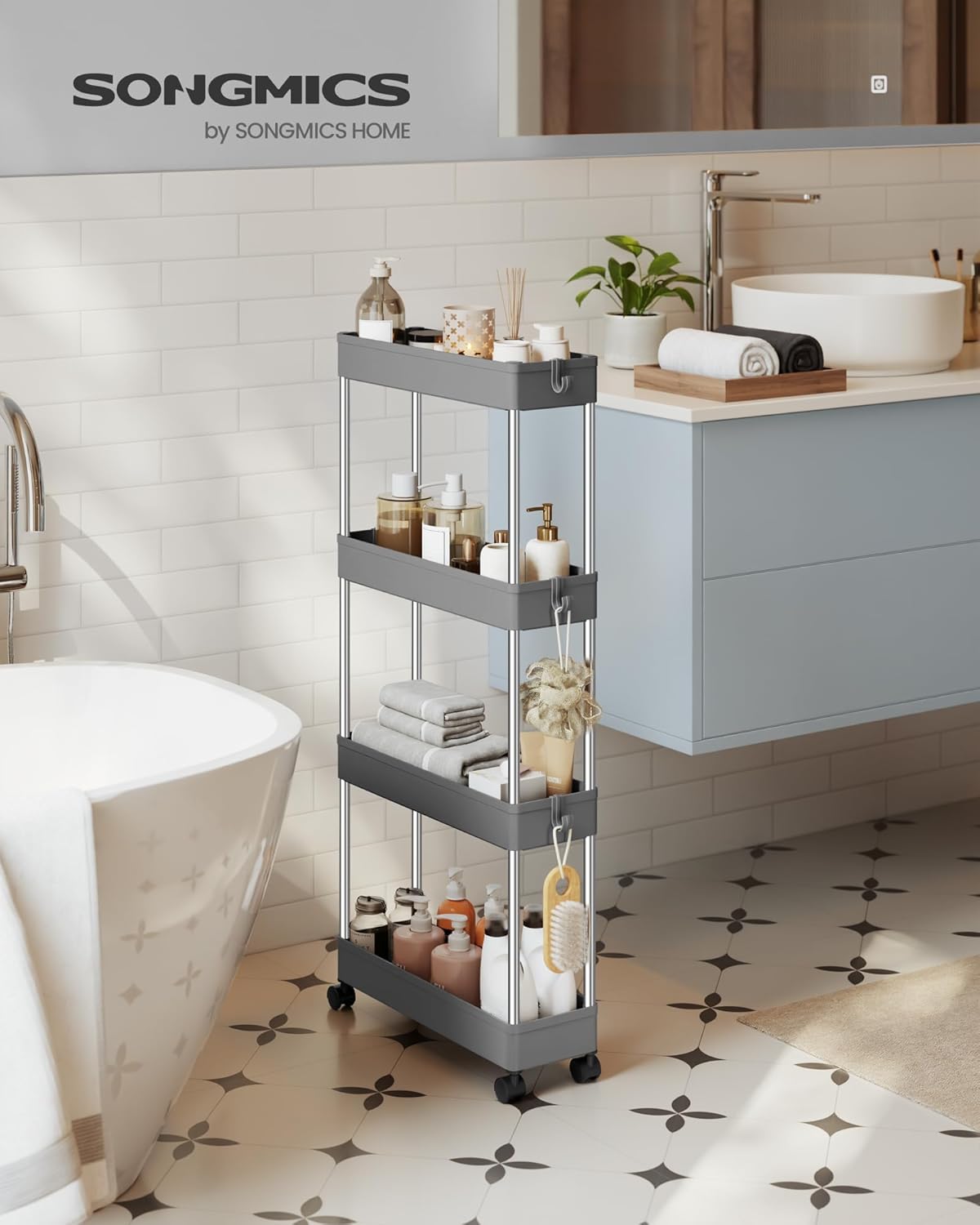 SONGMICS - chariot de cuisine 4 niveaux, acier, 14,4x42x86 cm, 6 crochets KSC008G01