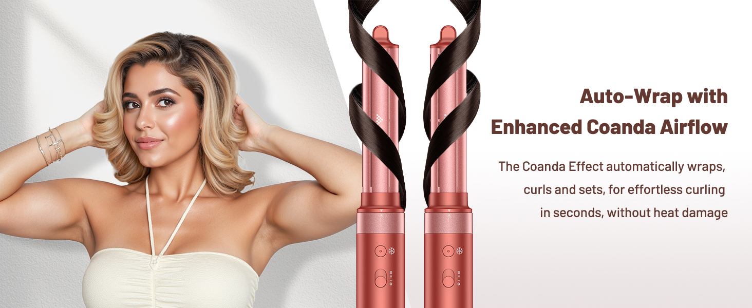 Le texte indique « Enveloppe automatique avec flux d'air Goanda amélioré ». Démonstration du produit montrant un outil de coiffage enveloppé avec indicateurs technologiques de flux d'air.