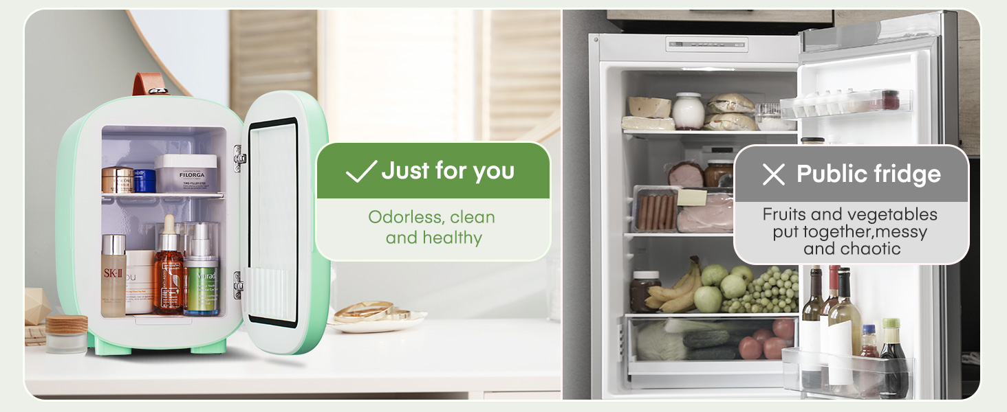 Comparaison de l'utilisation des réfrigérateurs personnels et publics, montrant des vues intérieures organisées avec une coche verte et des indicateurs X rouges