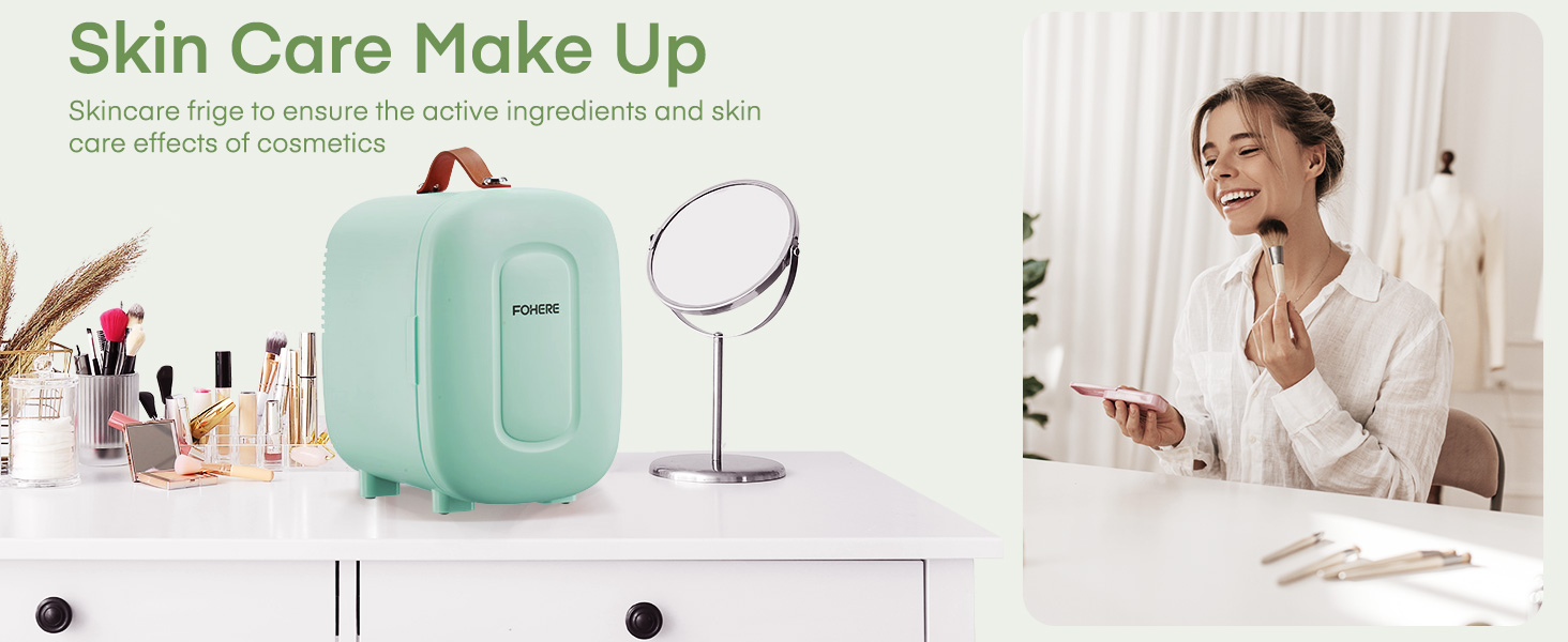 Le texte indique « Skin Care Make Up ». Collection d'images du style de vie des produits montrant des produits de soin de la peau et des accessoires de beauté dans des environnements propres et lumineux.