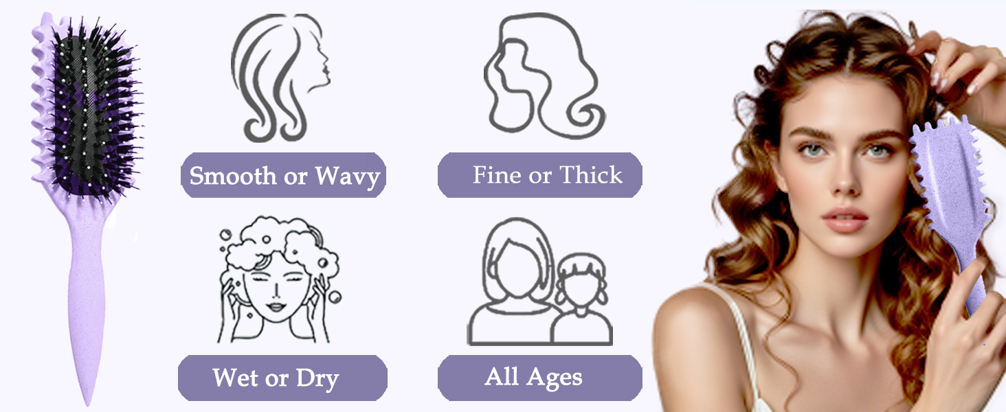 avec des icônes illustrant la polyvalence : convient aux cheveux lisses/ondulés, fins/épais, mouillés/secs, et à tous les âges. Femme démontrant l'utilisation de la brosse sur les cheveux bouclés