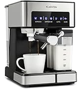 avec mousseur à lait. L'affichage numérique indique les options de boissons. Comprend une plate-forme à gobelets et un récipient à lait. Marqué sous le nom de Klarstein